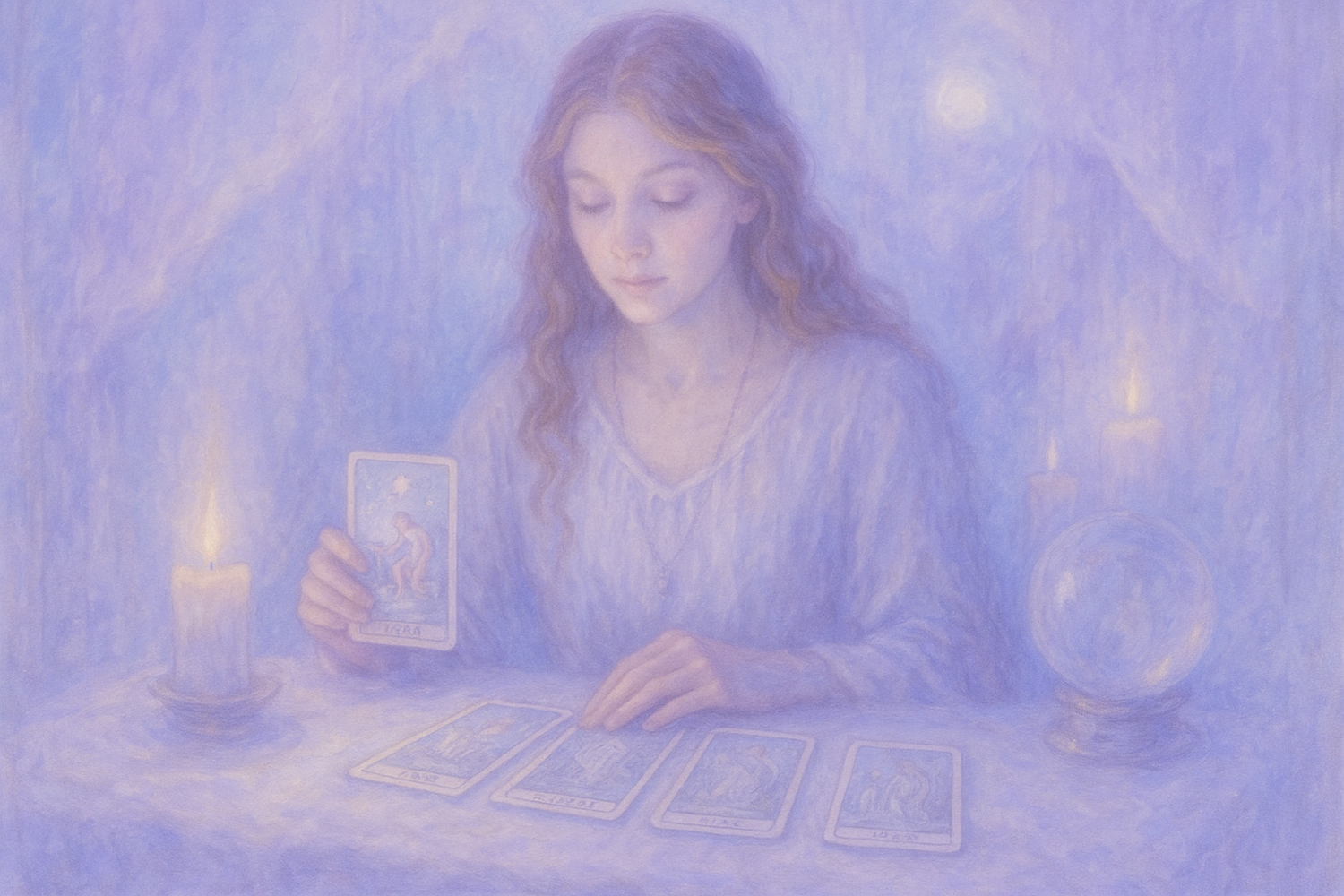 genera la imagen de una persona leyendo las cartas del tarot. tonos claros y mistico