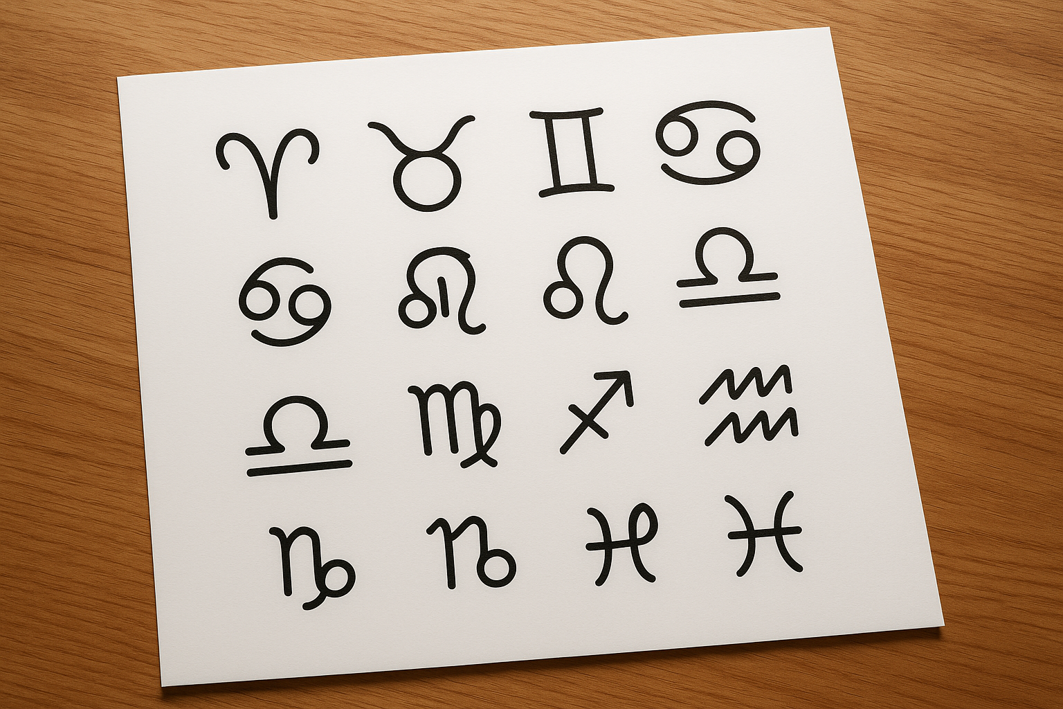 Imagen mostrando todos los simbolos del zodiaco con fondo blanco escritos en una hoja de papel sobre una mesa